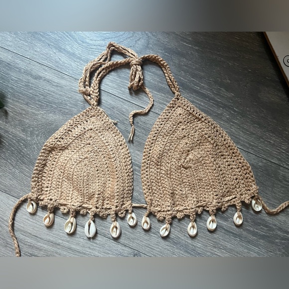 SHEIN Puka Shell Tan Crochet Bikini w Matching Drawstring Sarong Skirt. Size M L - Picture 8 of 16